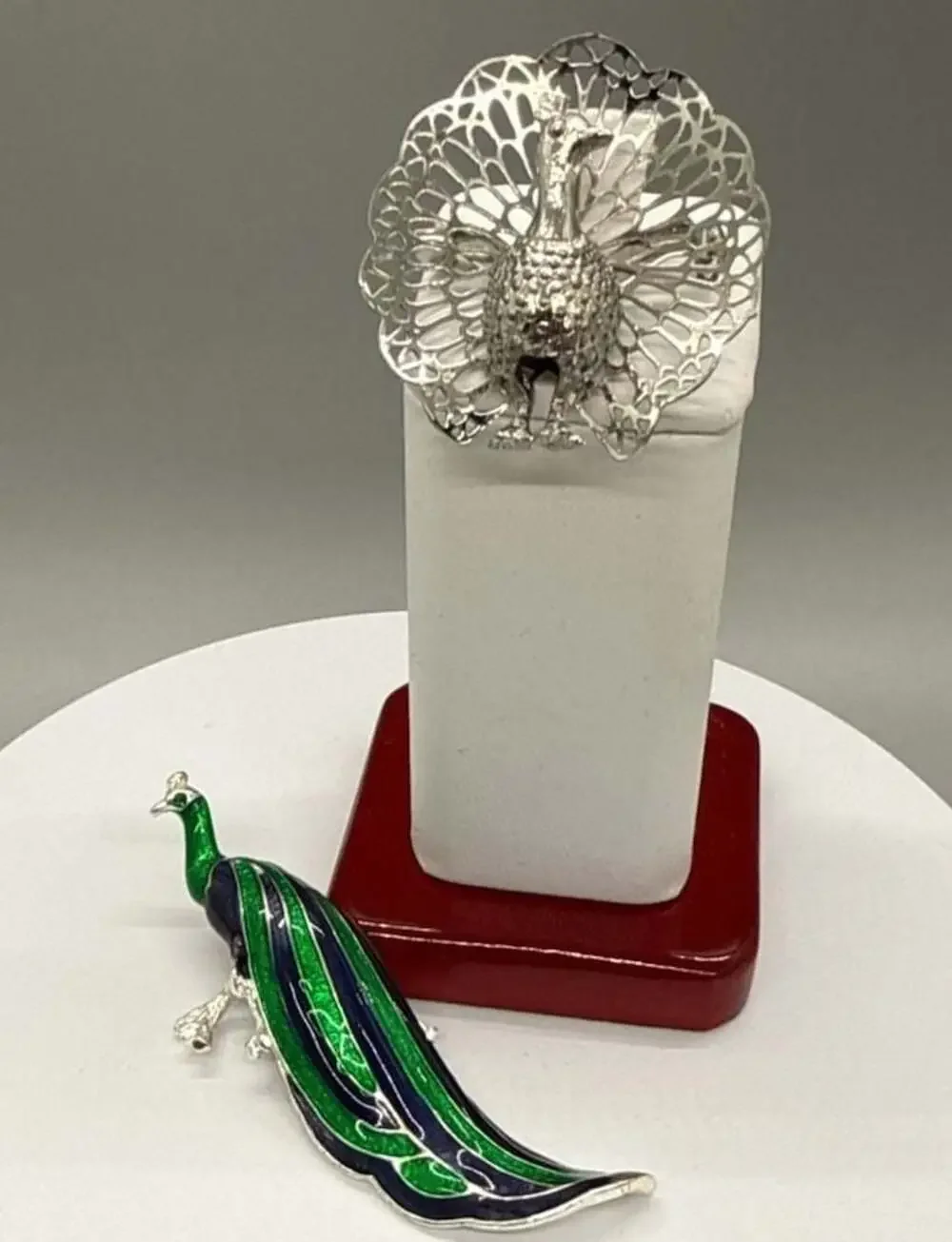 LOT Vtg Peacock Brooches Silver Tone 3D Filigree & Silver Tone Green Blue Enamel